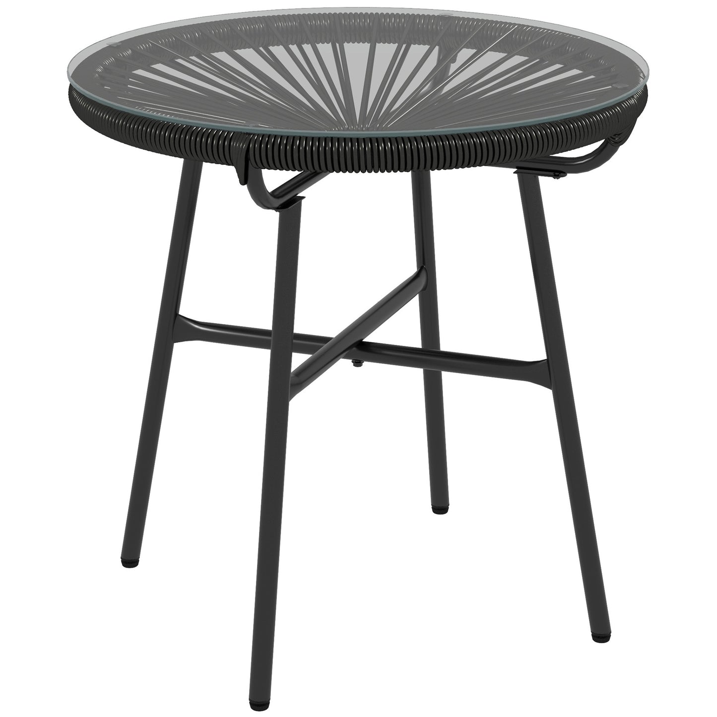 Rattan Side Table, Round Outdoor Coffee Table, with Round PE Rattan and Tempered Glass Tabletop for Patio, Garden, Balcony
