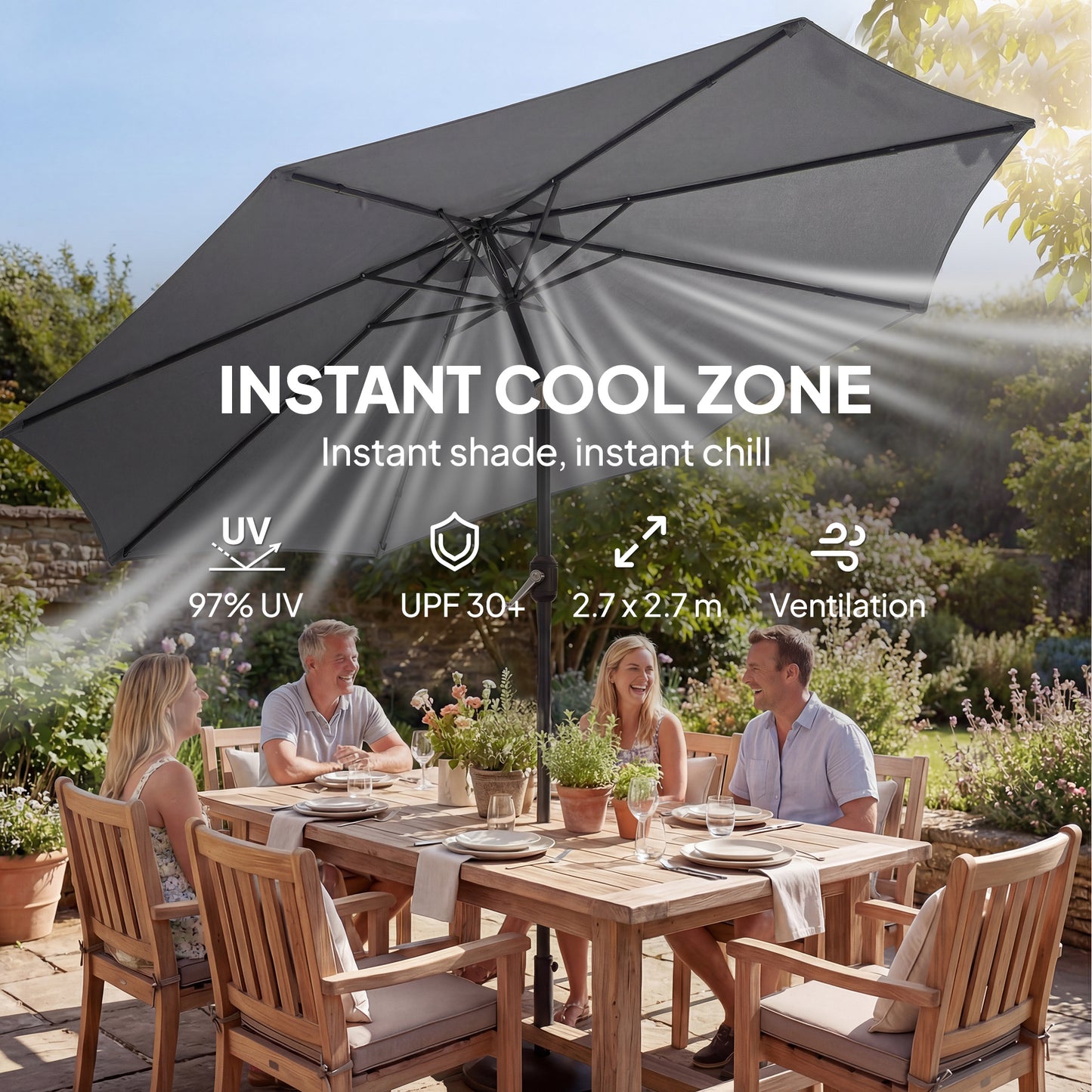 2.7 m Garden Parasol Umbrella with Cross Base and Sandbag, Retractable Ribs, Outdoor Table Market Umbrella, Light Grey
