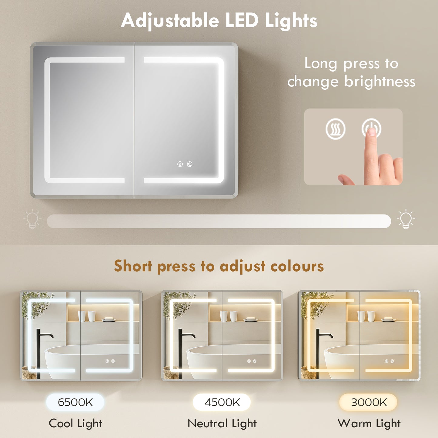 Mirrored Bathroom Cabinet with LED Lights, 60 x 80 cm Bathroom Mirror Cabinet with Anti-Fog, 3 Colour Dimmable Lighting