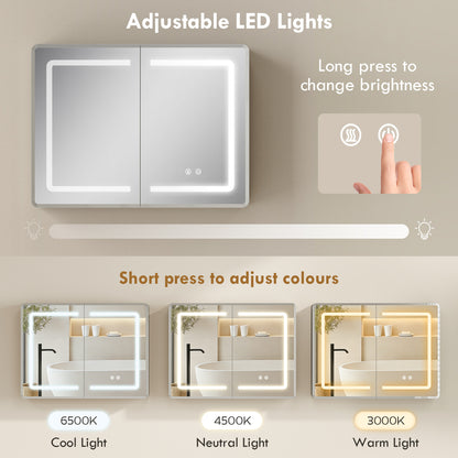 Mirrored Bathroom Cabinet with LED Lights, 60 x 80 cm Bathroom Mirror Cabinet with Anti-Fog, 3 Colour Dimmable Lighting