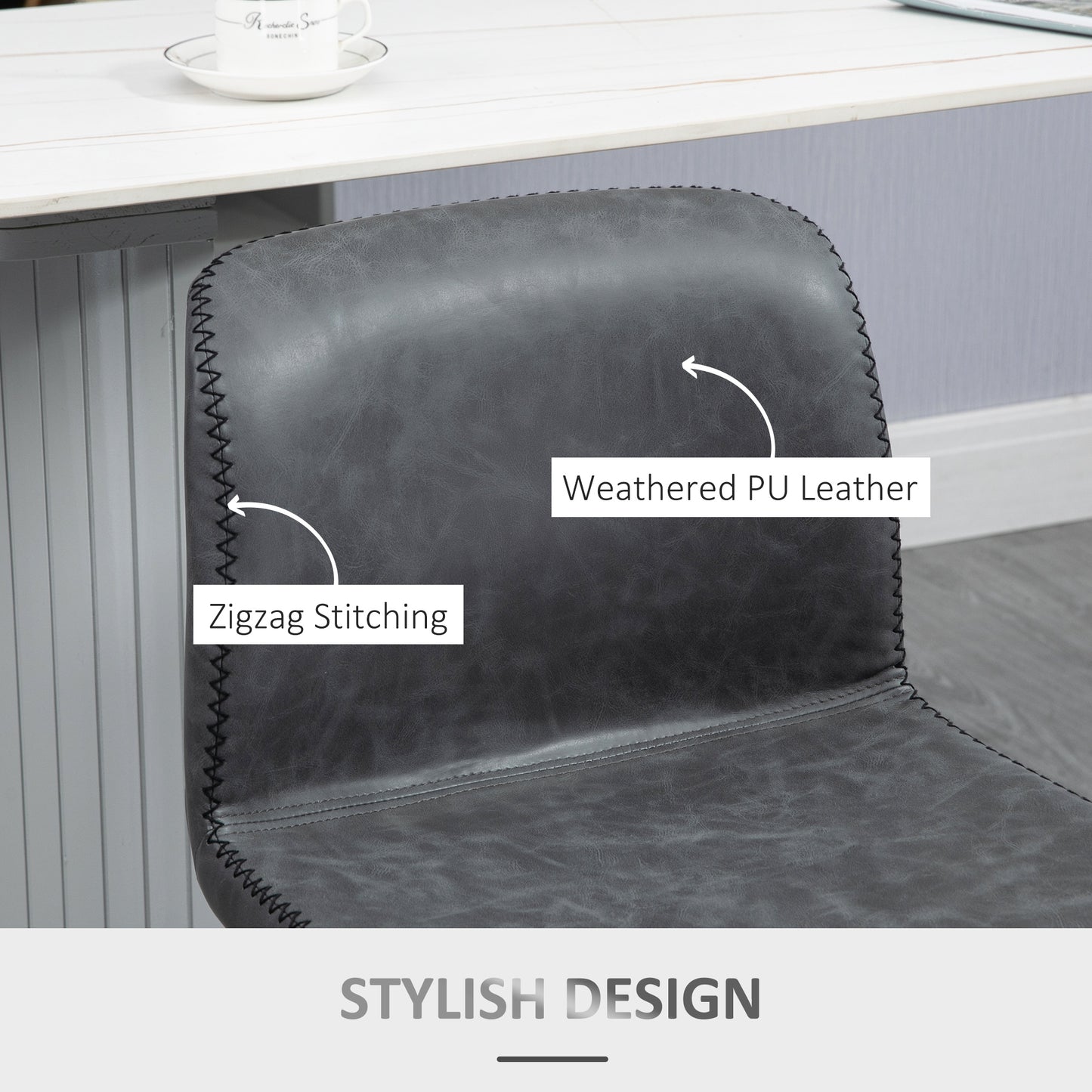 Bar Stools Set of 2, PU Leather Barstools with Backrest and Footrest for Kitchen, Counter, Breakfast Bar, Dark Grey