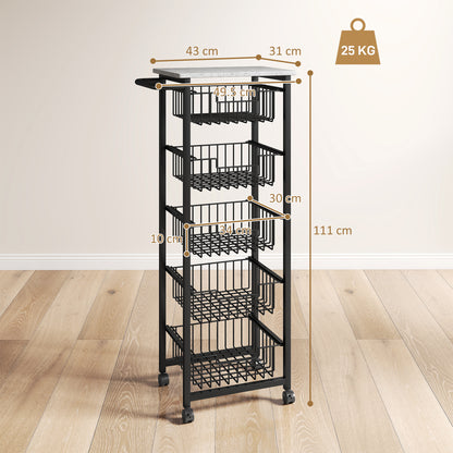 Five Basket Mobile Kitchen Island, with Brakes - Grey/Black