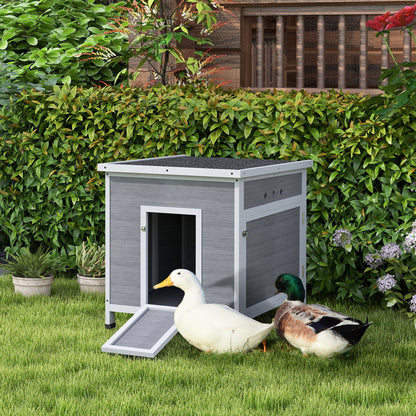 Wooden Duck House with Ramp, Double Doors, Openable Asphalt Roof, Ventilation Holes, Removable Base, Light Grey