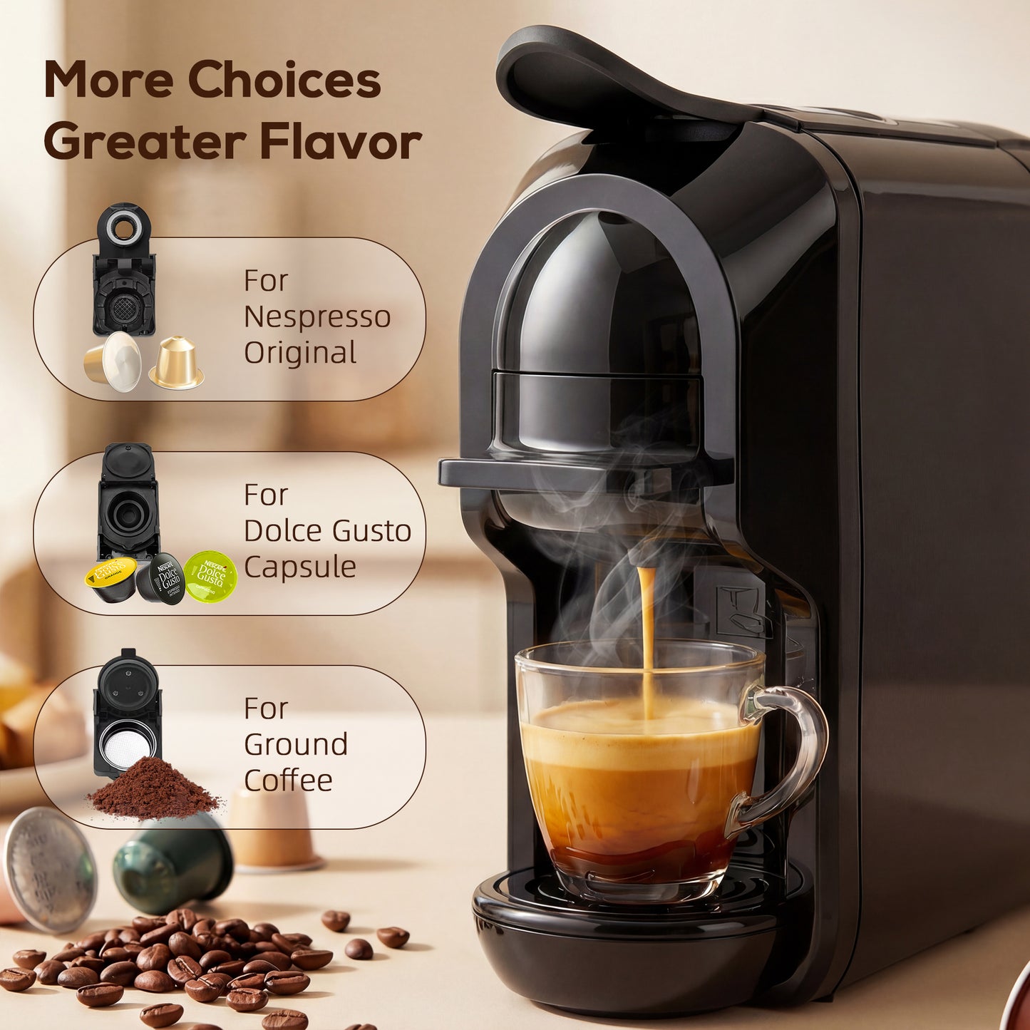 Pod Coffee Machine for Nespresso, Dolce Gusto Capsule & Ground Coffee, Small Semi Automatic Coffee Maker, 19 Bar, 0.6L