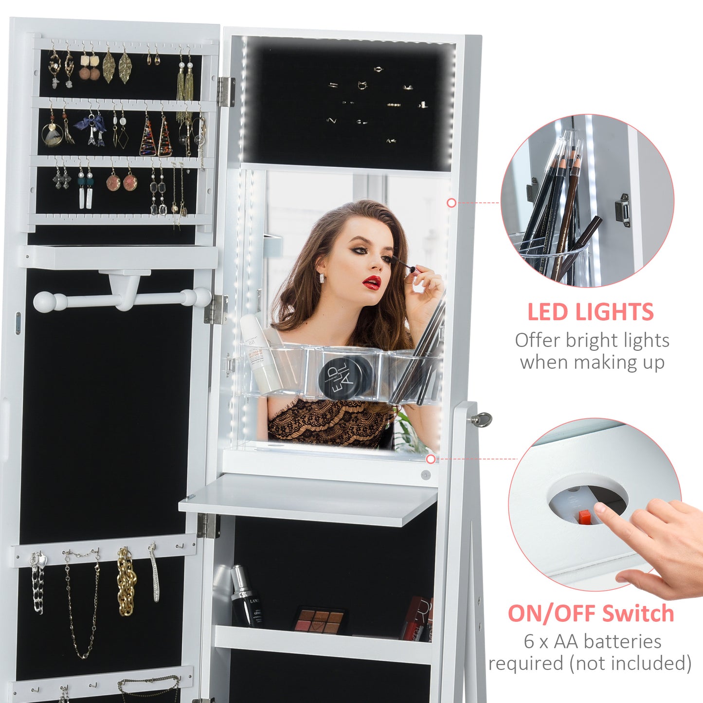Jewellery Cabinet, Standing Mirror with LED Lights, Full-Length Mirror with Storage Drawers, Hooks and Shelves