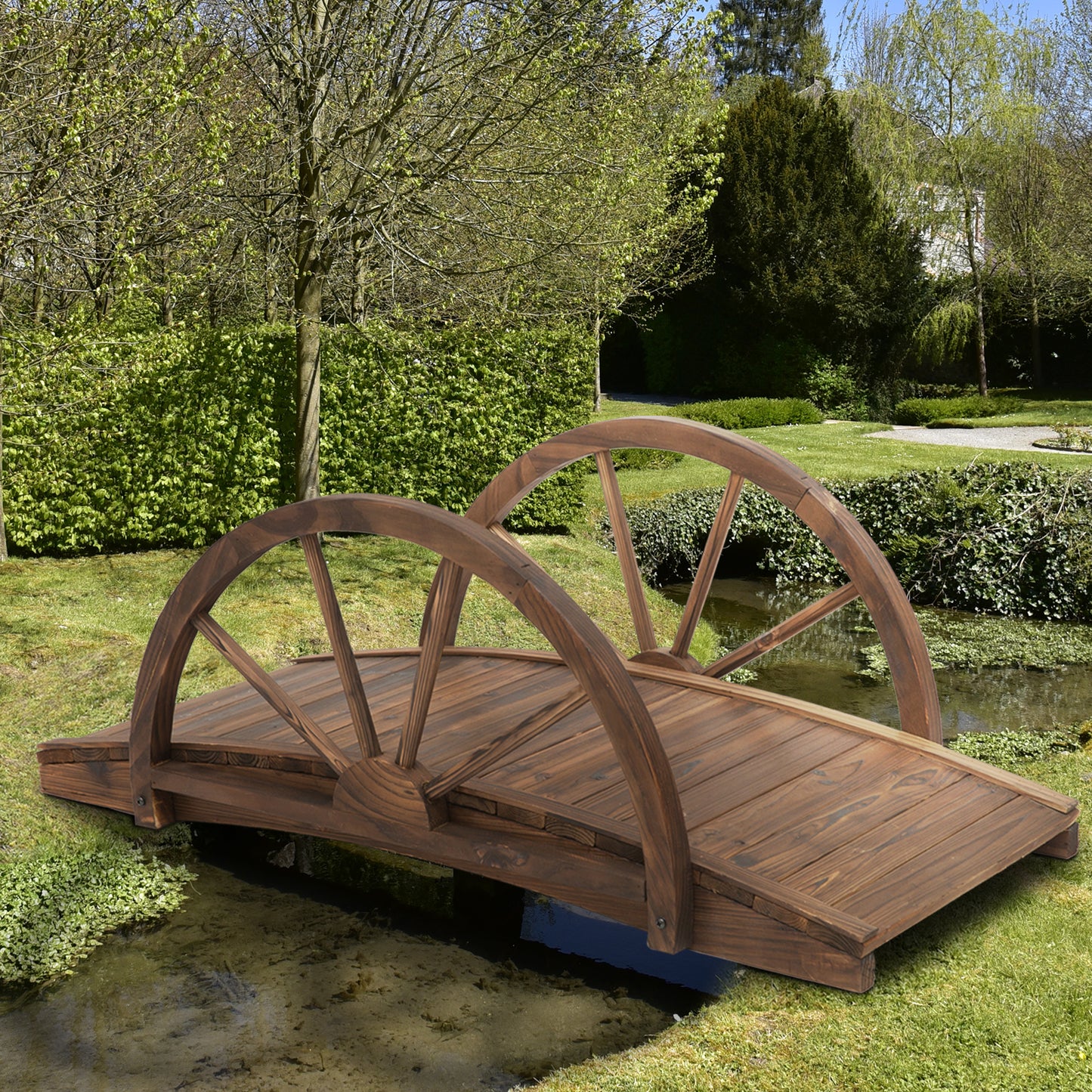 Wooden Garden Bridge Lawn Décor Stained Finish Arc Outdoor Pond WalkwayYard Decoration Half Wheeled Railings 100L x 50W x 37H