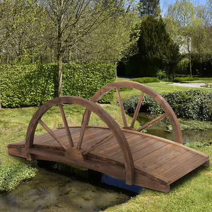 Wooden Garden Bridge Lawn Décor Stained Finish Arc Outdoor Pond WalkwayYard Decoration Half Wheeled Railings 100L x 50W x 37H