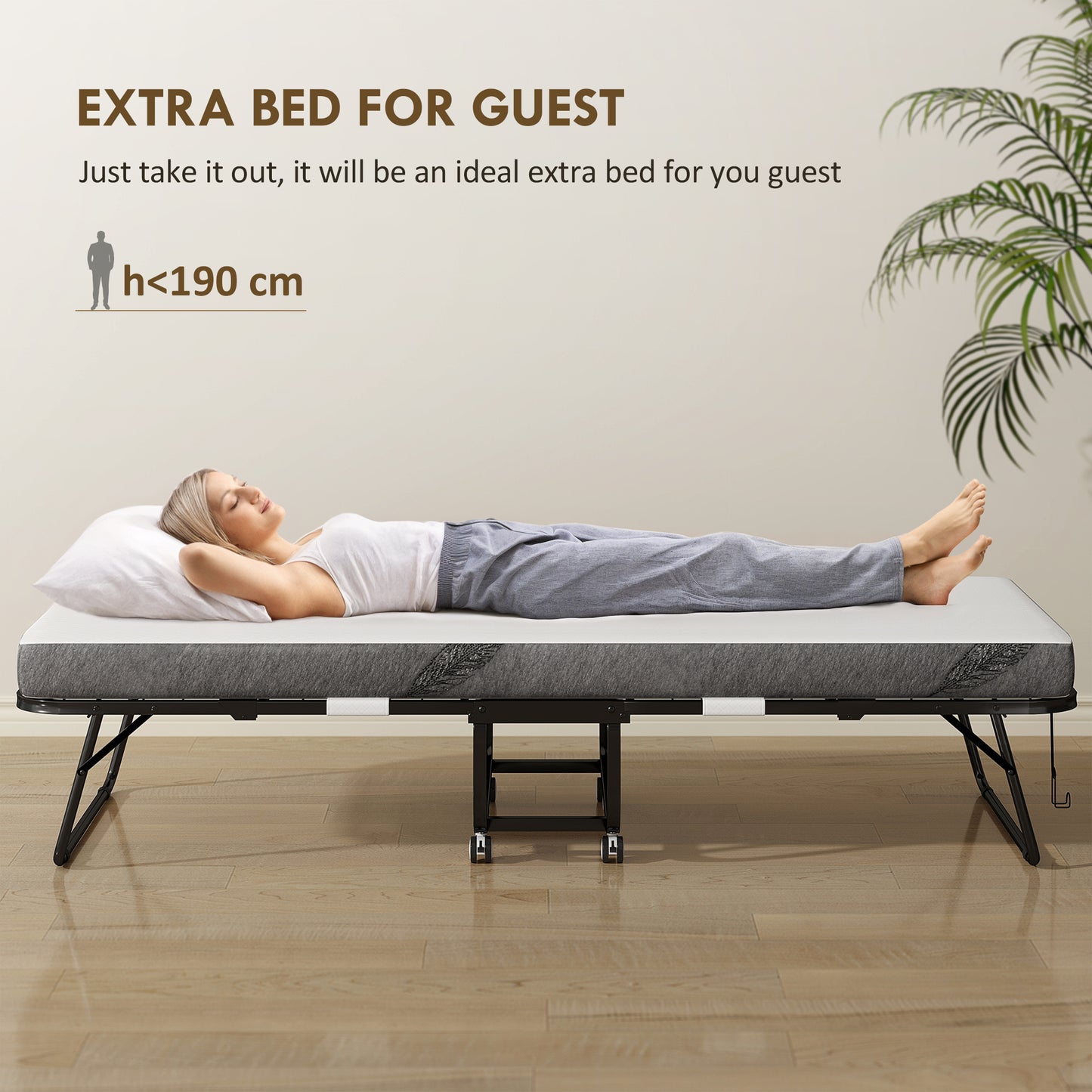 Folding Bed with 10cm Mattress, Portable Foldable Guest Bed with Sturdy Metal Frame on Wheels