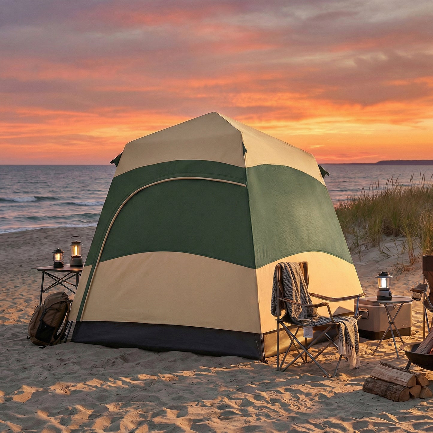 Double Layer Instant Pop Up Tent with Rainfly, Portable Camping Shelter with Sewn-in Groundsheet and Carry Bag, Khaki