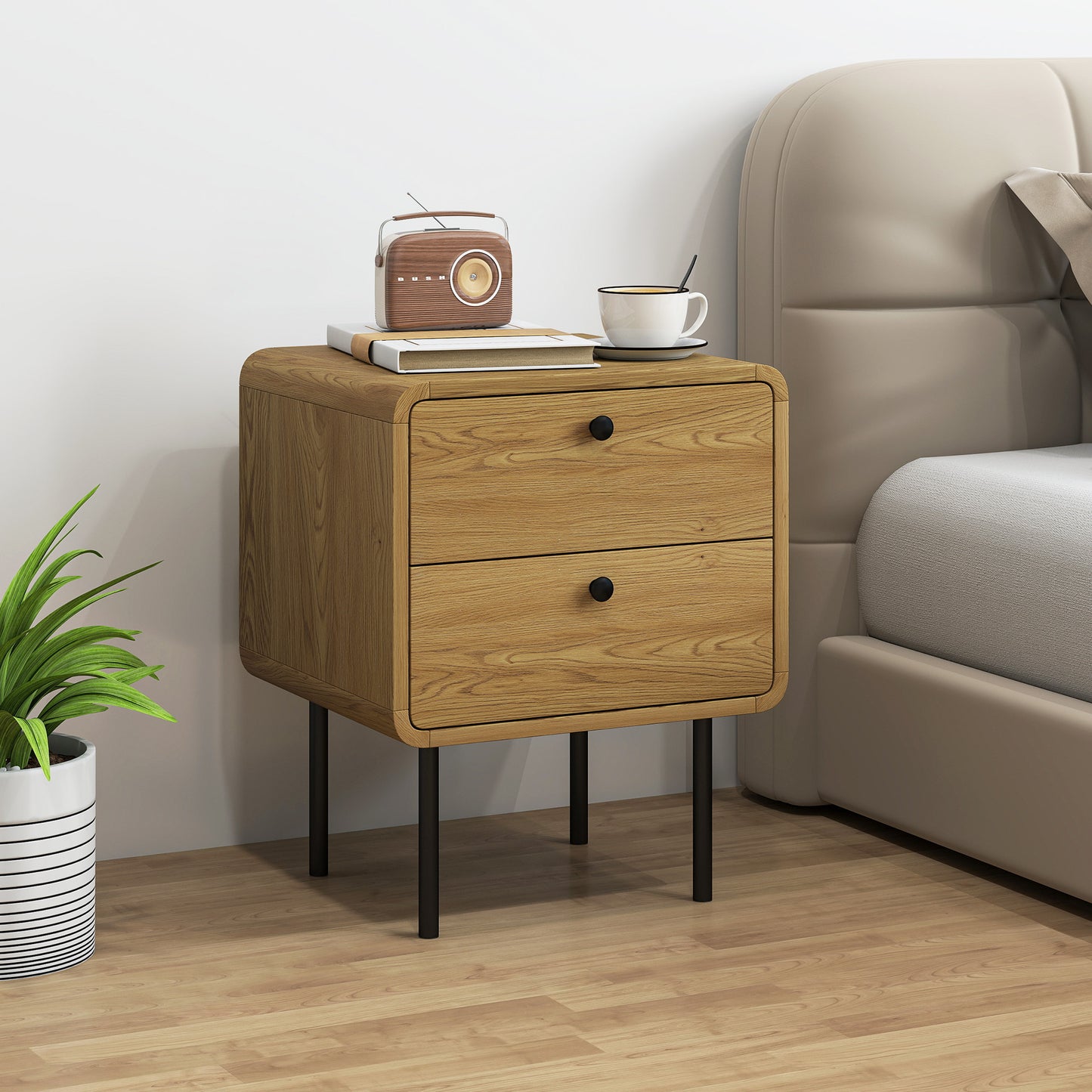 Bedside Table with 2 Drawers and Steel Legs - Oak