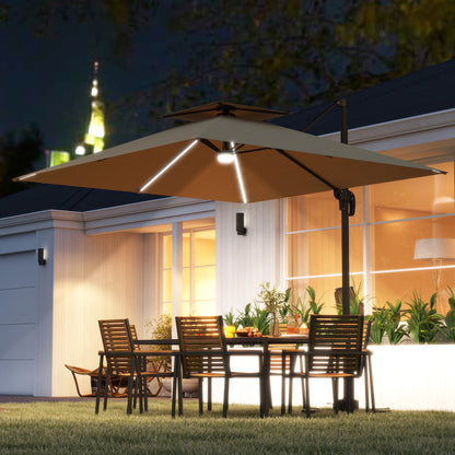 2.5m Cantilever Parasol with Solar Powered LED Lights, 360° Rotation, Tilt Adjustment, Crank Handle, Khaki