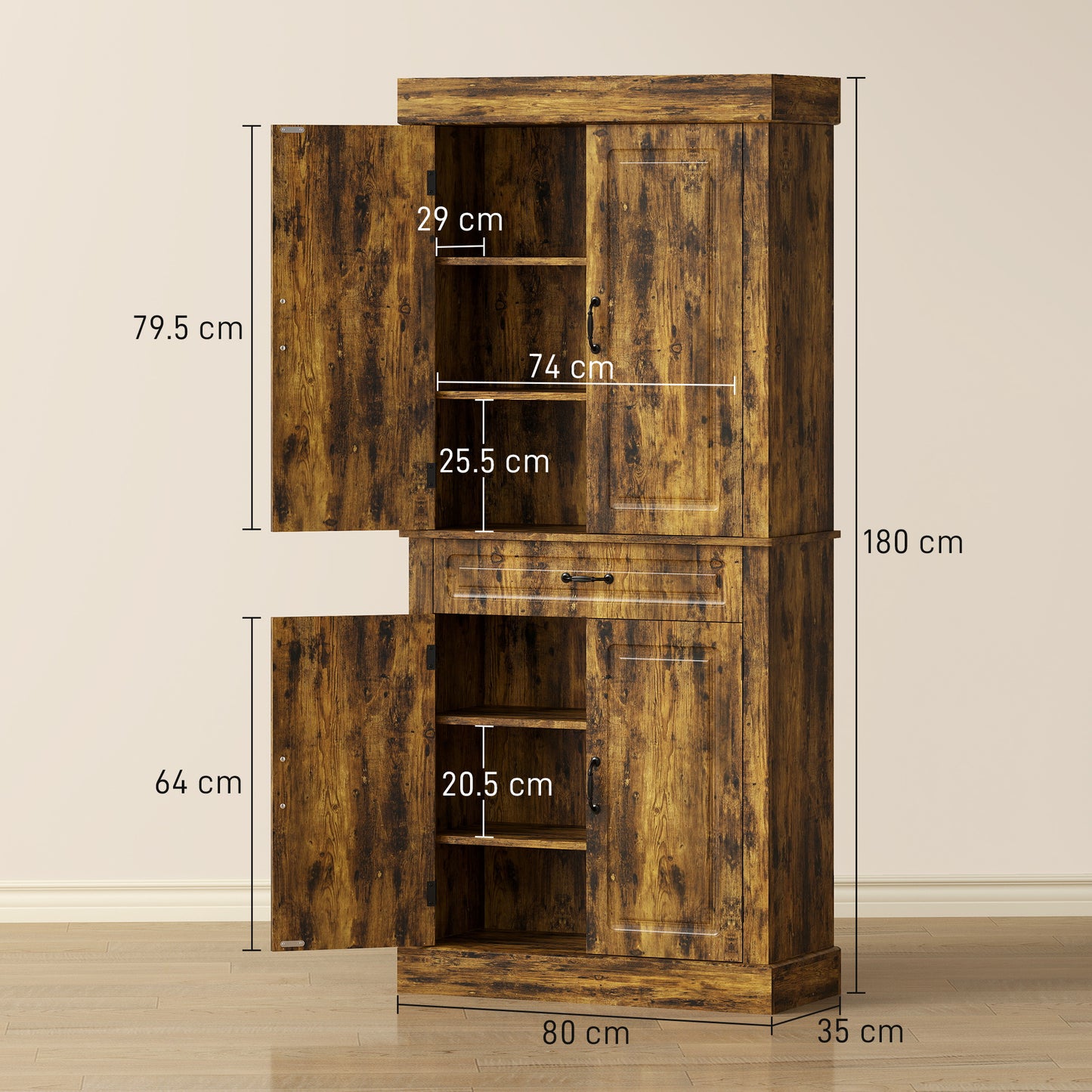 Tall Kitchen Cupboard, Kitchen Pantry Cabinet with Drawer, Shelves, Brown