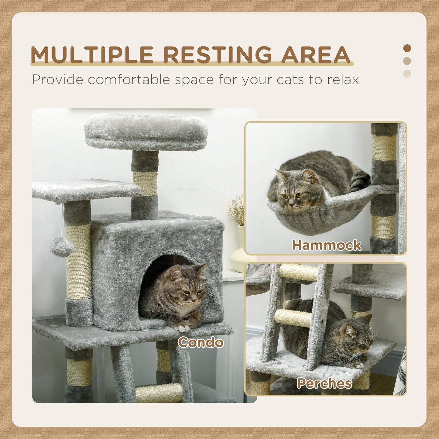 132cm Cat Tree with Scratching Post, House, Hammock, Toy Balls - Grey