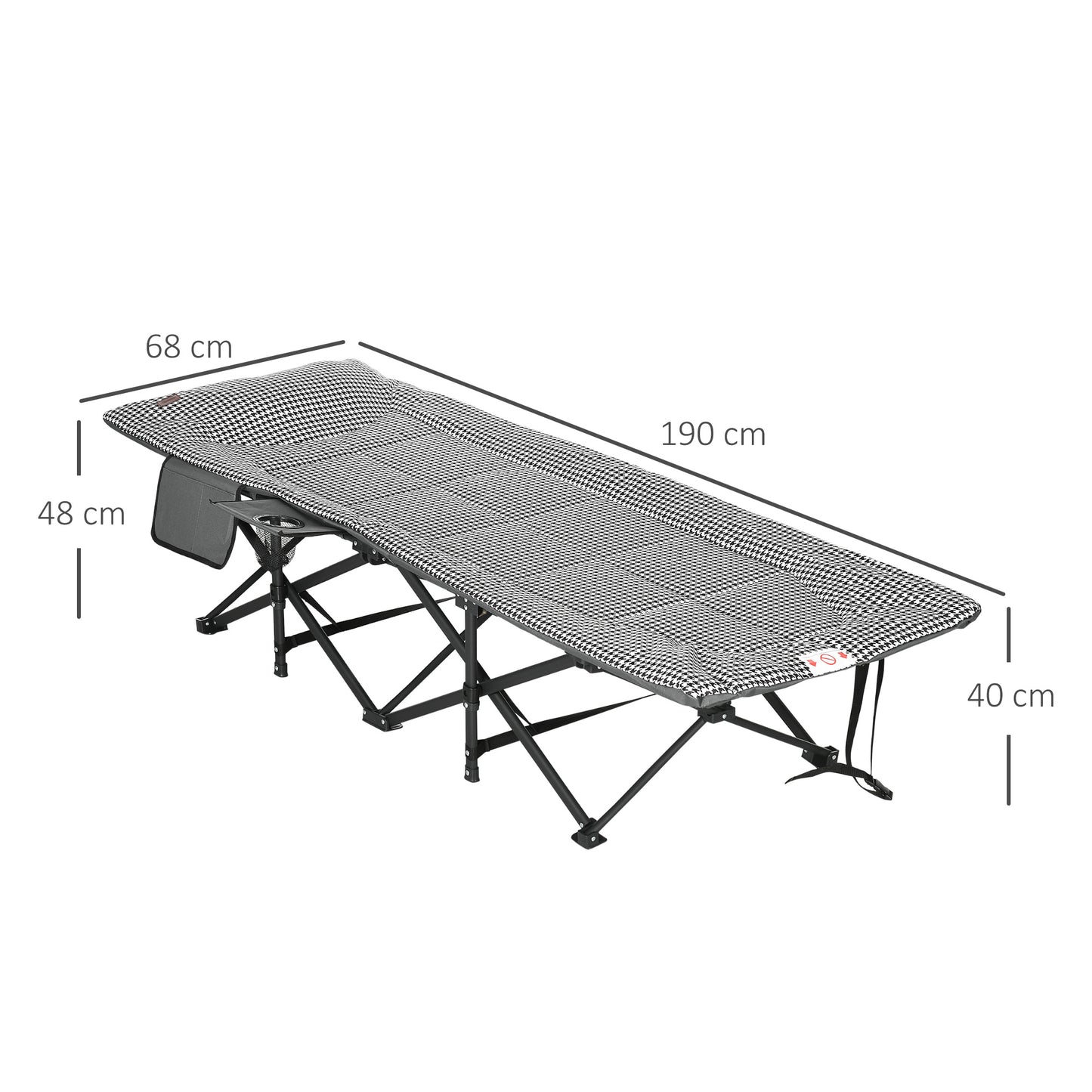 Foldable Camp Bed, Padded Patio Camping Bed with Carry Bag, Magazine Bag and Cup Holder for Outdoor, Garden, Black