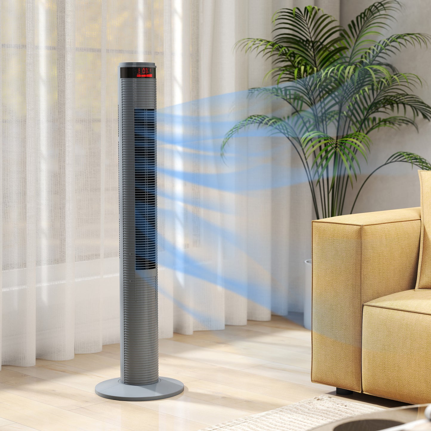 Oscillating Tower Fan Remote Control 3 Speed Modes Cooling Machine, Grey