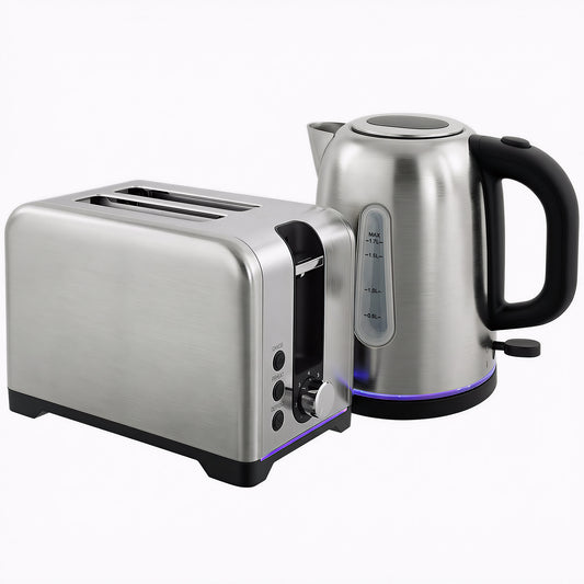 Simple Polished Toaster and Kettle Set - Silver Tone