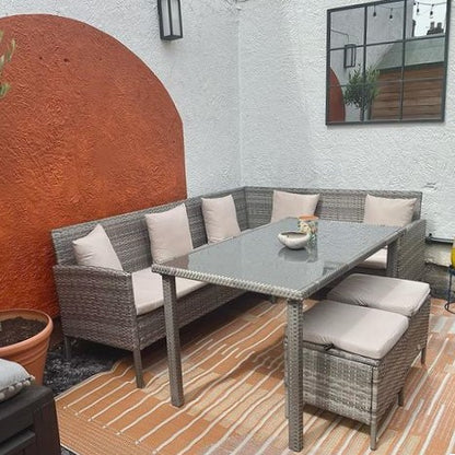 6-Seater Rattan Dining Set Sofa Table Footstool Outdoor w/ Cushion Garden Furniture