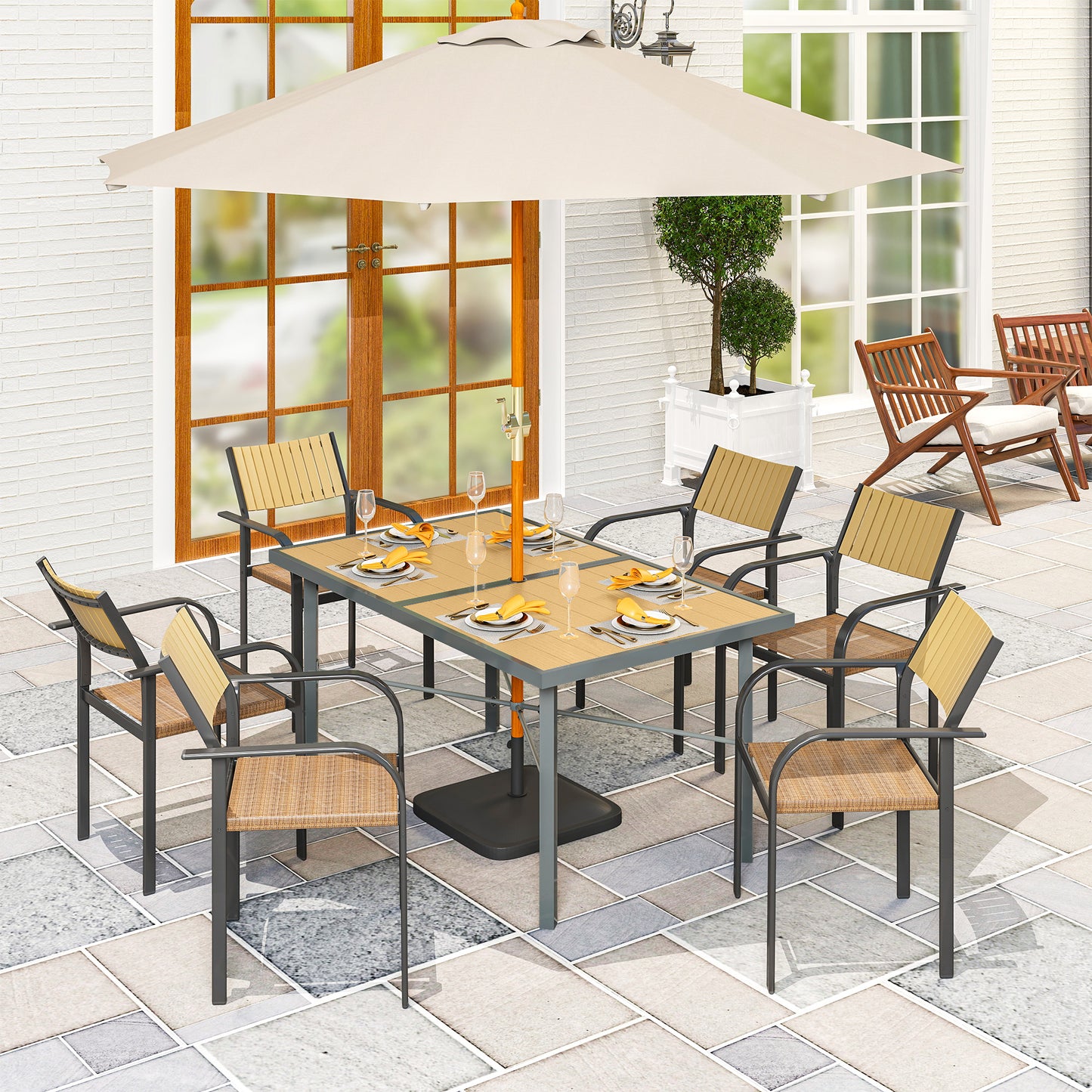 Garden Table for 6, 150 cm Rectangular Outdoor Dining Table with 5 cm Umbrella Hole, Wood Effect Top, Rust Resistant Frame