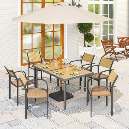 Garden Table for 6, 150 cm Rectangular Outdoor Dining Table with 5 cm Umbrella Hole, Wood Effect Top, Rust Resistant Frame