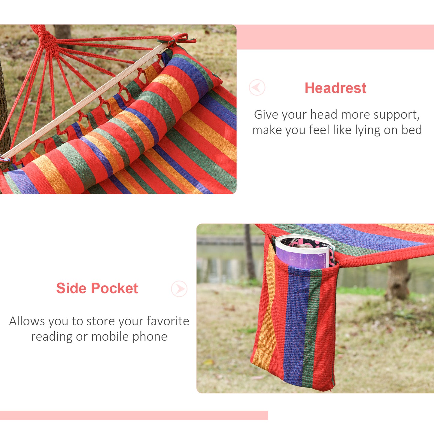 Cotton Hammock, Soft Portable Swing Sleeping w/ Headrest & Side Pocket, Deluxe Swing Chair for Beach, Garden, Bedroom, Patio