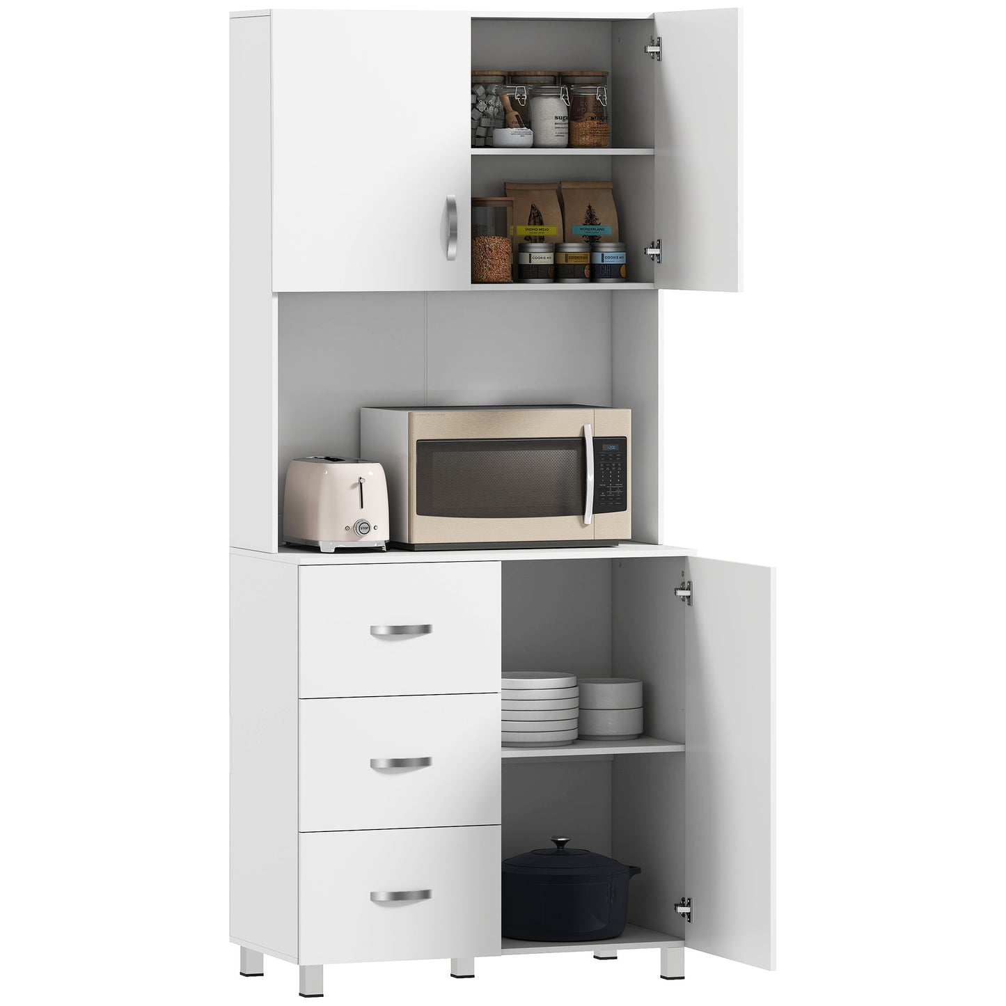 183.5cm Free standing Kitchen Cupboard, Storage Cabinet with Doors and Sheleves, 3 drawers and Open Space