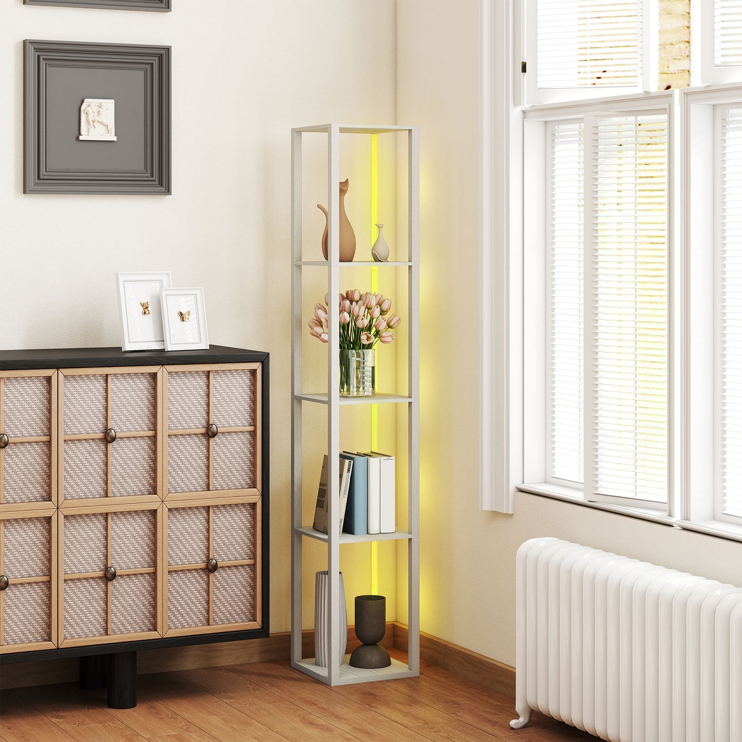 RGB LED Floor Lamp with Shelves, Modern Dimmable Standing Lamp with Remote Control
