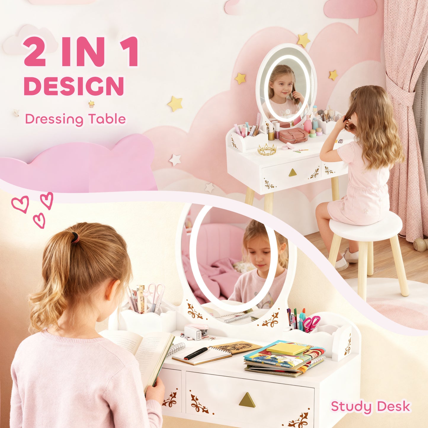 Kids Vanity Table and Chair Set with 3-Colour LED Lights Mirror, Drawer, Storage Boxes, for 3+ Years, White