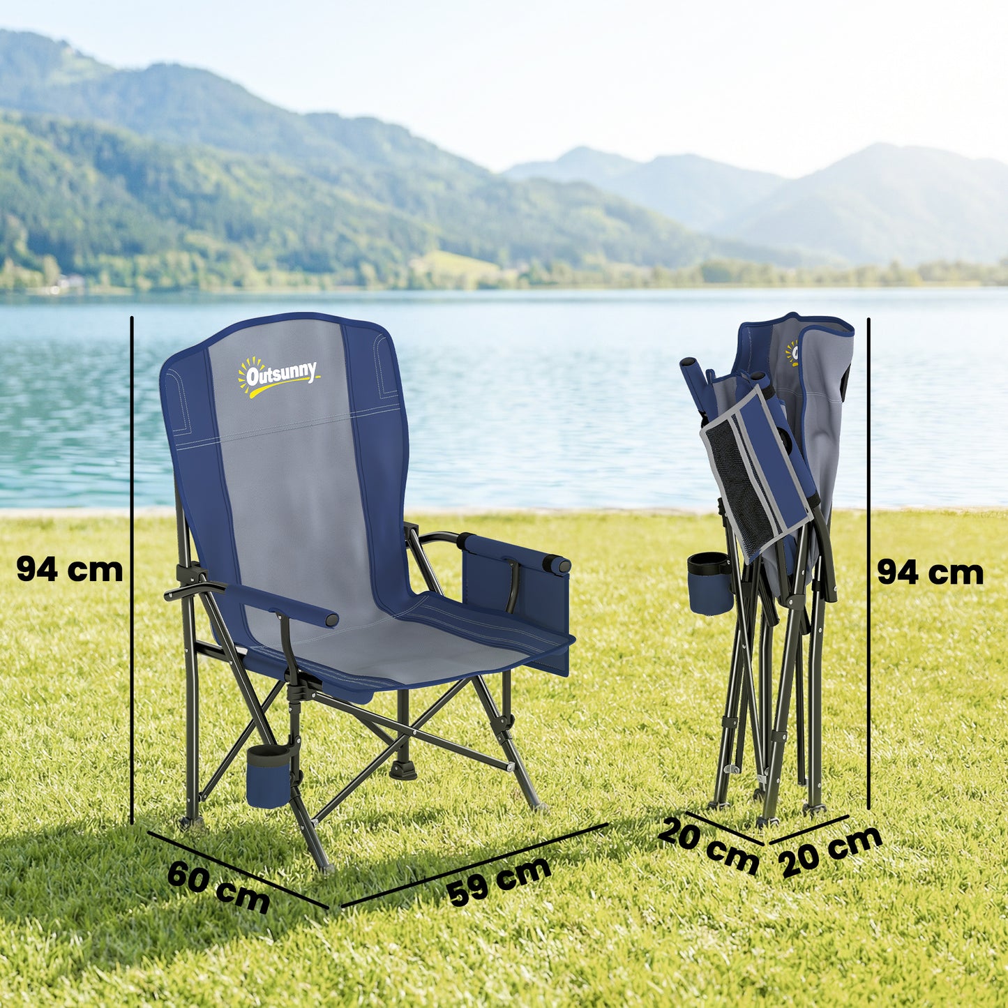 Padded Camping Chair Adults Heavy Duty Folding Chair Side Pocket Cup Holder Carry Bag Outdoor Dark Blue