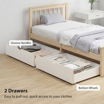 Pine Storage Bed, 3ft Single Solid Wooden Bed Frame with Drawers, Headboard, Wood Slat Support, Natural Wood Finish