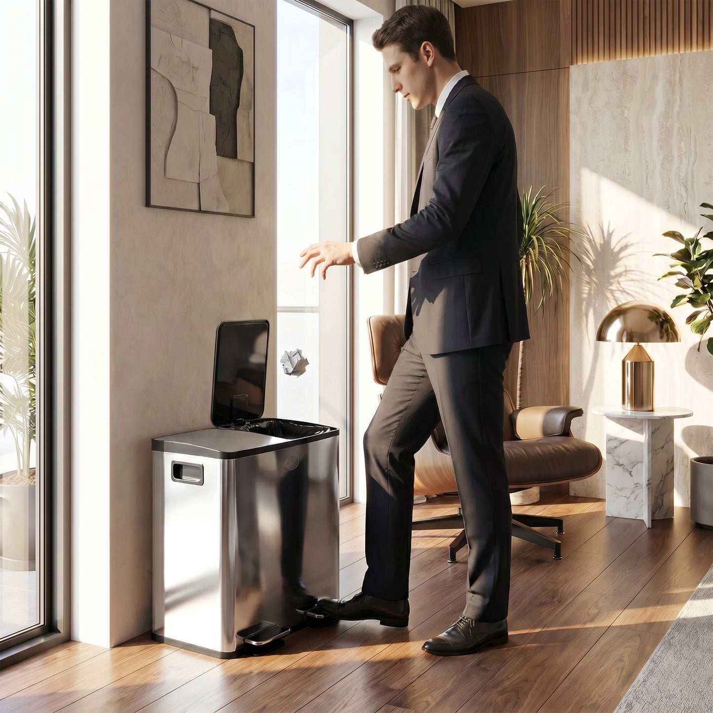 40L Dual Compartment Stainless Steel Bin, with Deodoriser Holders - Silver Tone