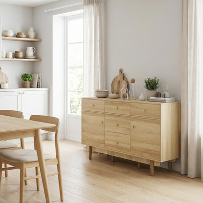 Sideboard with 5 Drawers and 2 Cabinets Buffet Cabinet with Solid Wood Legs 136 cm Walnut