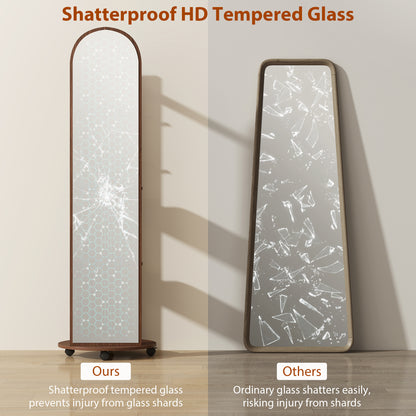 2-in-1 Full Length Mirror with Storage Shelves, Floor Mirror with 4 Wheels, Coat Rack, Hooks, Brown Wood Effect