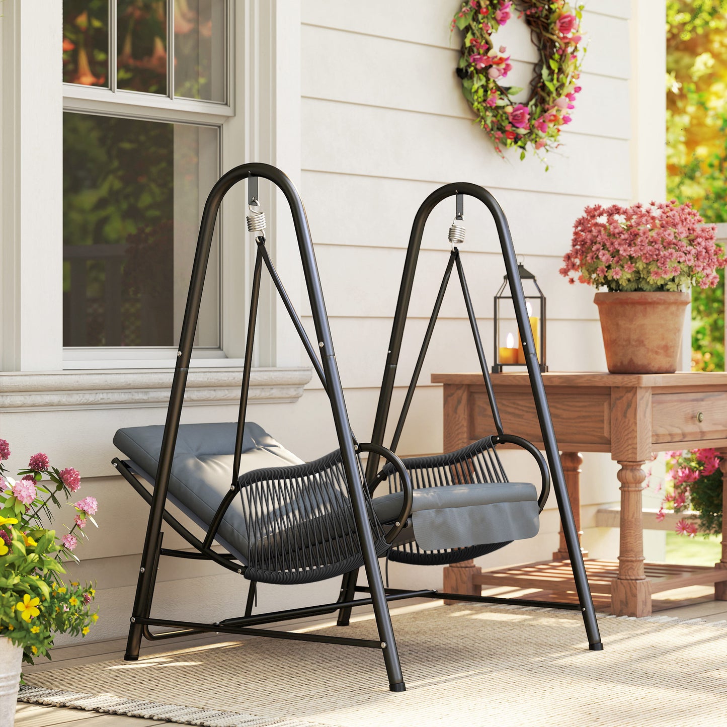 Rattan Swing Chair, Outdoor Garden Hanging Swing Seat with Stand and Seat Cushion, Porch Hanging Chair for Balcony, Garden