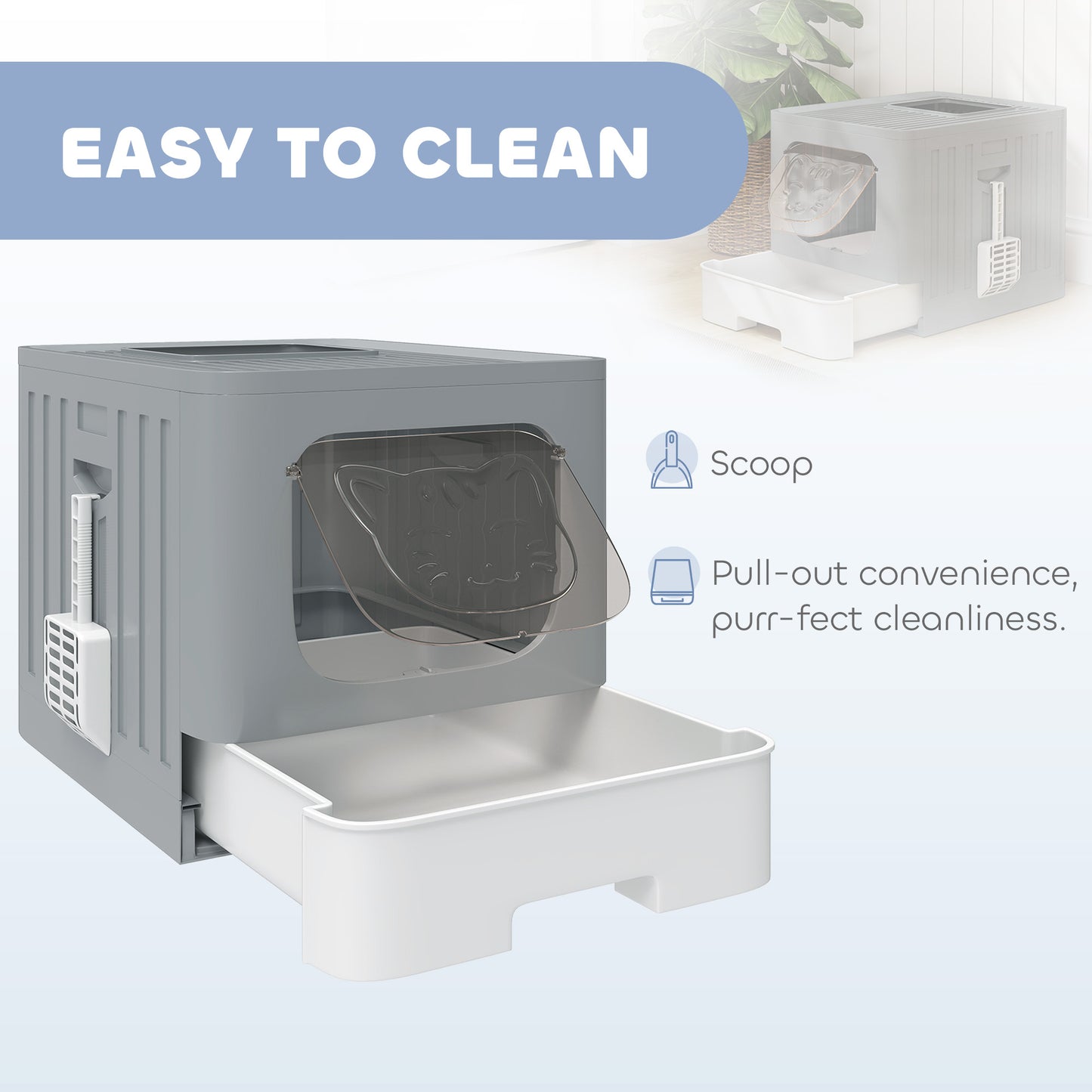 Cat Litter Box with Lid, Slide-Out Drawer, Scoop, Easy Clean, Odour Control, Anti-Splashing, Grey