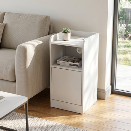 Slim Bedside Table Set of 2 with Charging Station, Narrow Bedside Cabinet with Adjustable Shelf, White