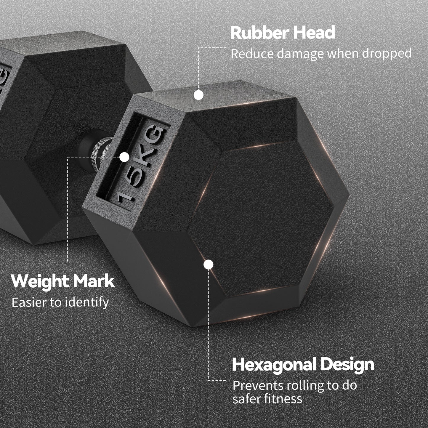 2x15KG Rubber Hex Dumbbell Portable Hand Weights Dumbbell Home Gym