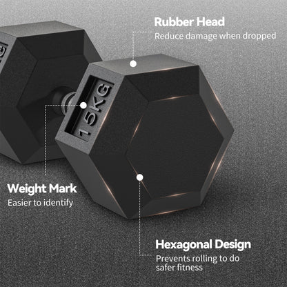 2x15KG Rubber Hex Dumbbell Portable Hand Weights Dumbbell Home Gym