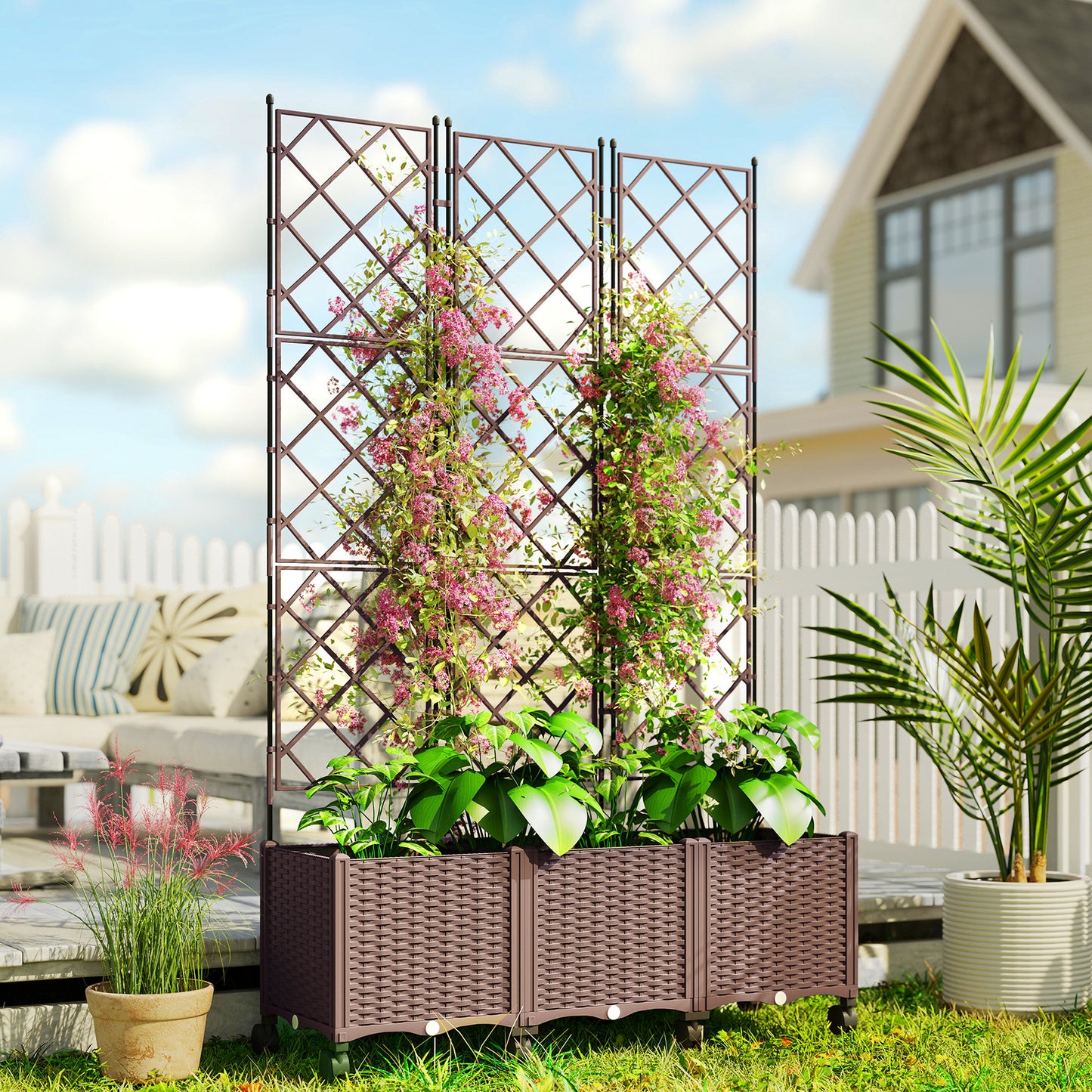 Plastic Raised Planter with Trellis, Self Watering Raised Bed for Garden with Wheels, Drainage Holes and Plugs