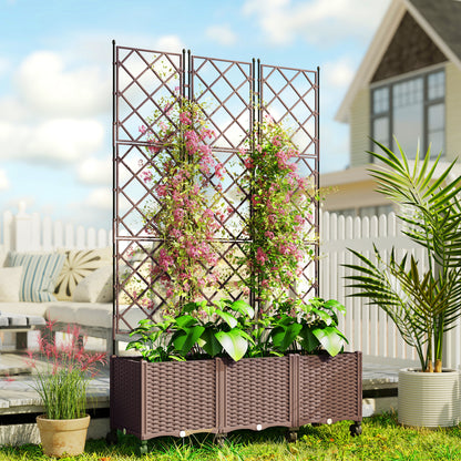 Plastic Raised Planter with Trellis, Self Watering Raised Bed for Garden with Wheels, Drainage Holes and Plugs