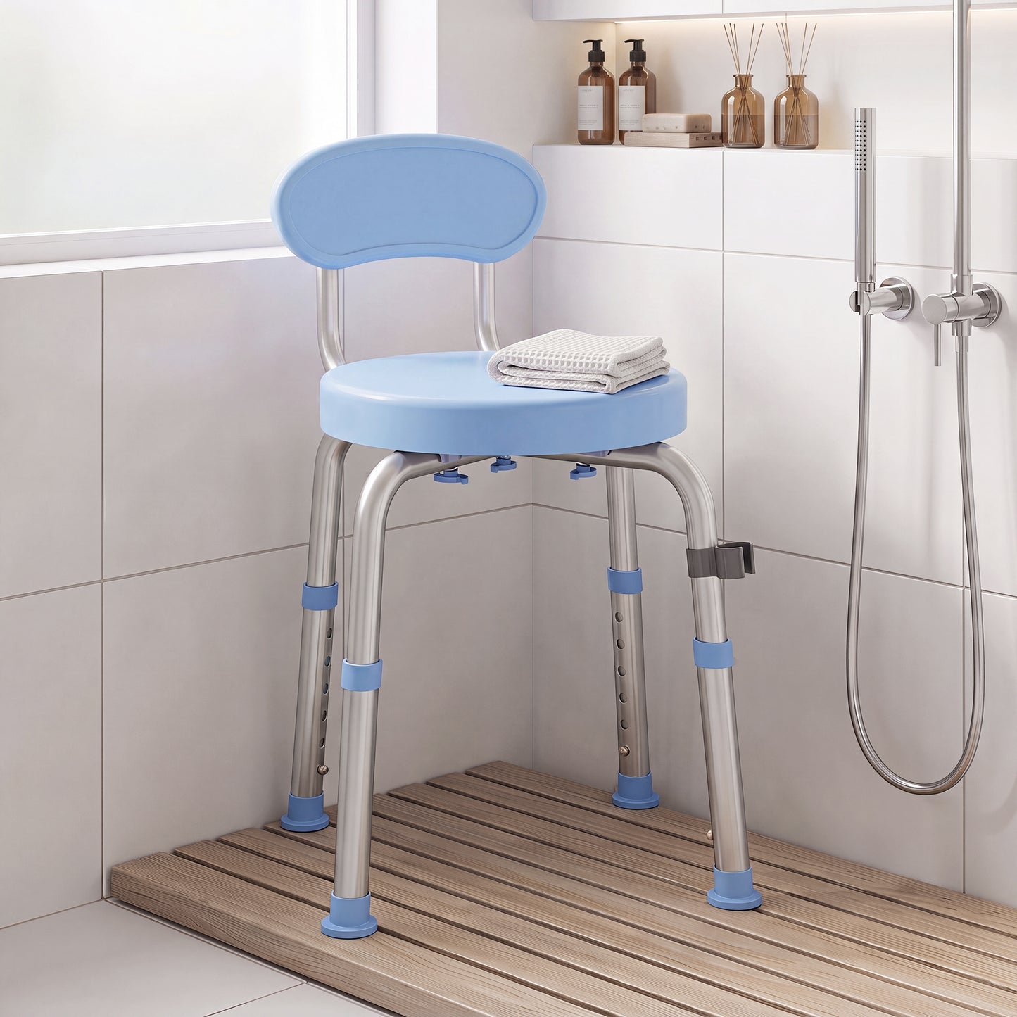 360° Swivel Shower Stool with Aluminium Frame, 5-Level Adjustable Height, Backrest, Non-Slip Shower Chair for Elderly