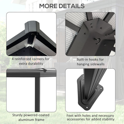 3.6 x 4m Hardtop Gazebo Canopy with Polycarbonate Roof, Aluminium Frame, Permanent Gazebo, Dark Grey