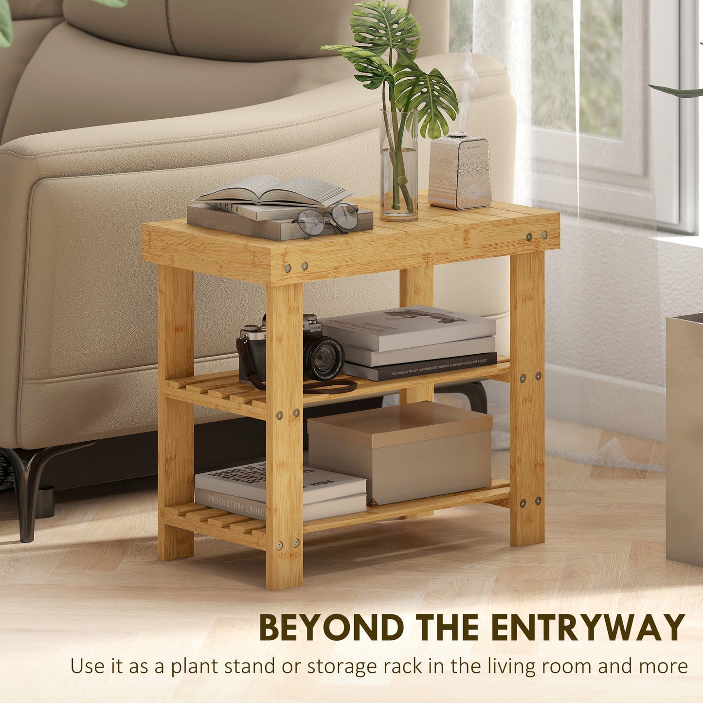 Two Shelf Bamboo Shoe Storage Bench - Natural Finish