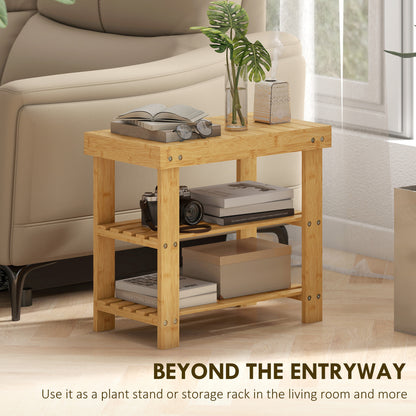 Two Shelf Bamboo Shoe Storage Bench - Natural Finish