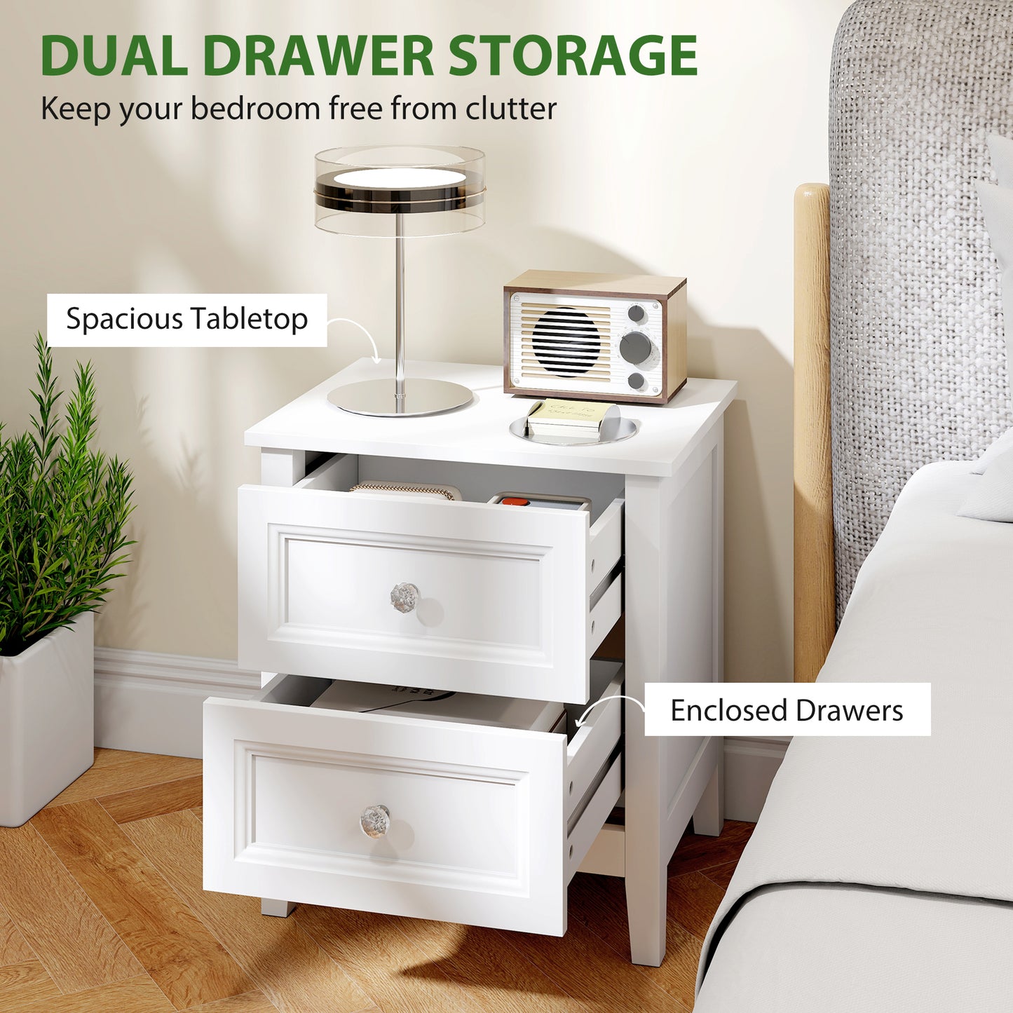 Nightstand with 2 Drawers Modern Bedside Table for Bedroom Living Room White