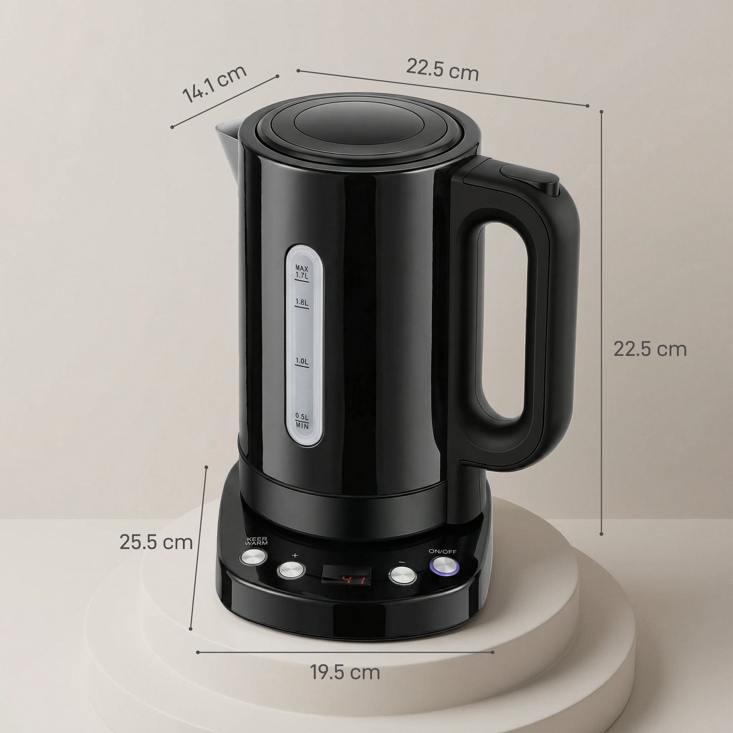 Electric Kettle, 1.7L, Fast Boil, 3kW Water Kettle with UK Strix Thermostat, Keep Warm Function, LCD Base, Black