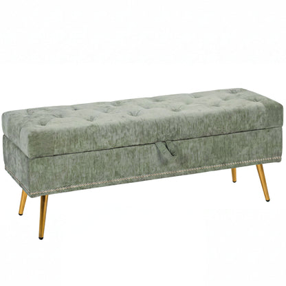 Storage Ottoman, Chenille Upholstered Ottoman Storage Box with Padded Seat, Metal Legs, 114 x 41 x 45 cm, Light Green