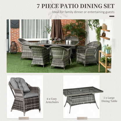 Seven-Piece Rattan Dining Set with Tempered Glass Table Top and Parasol Hole - Grey