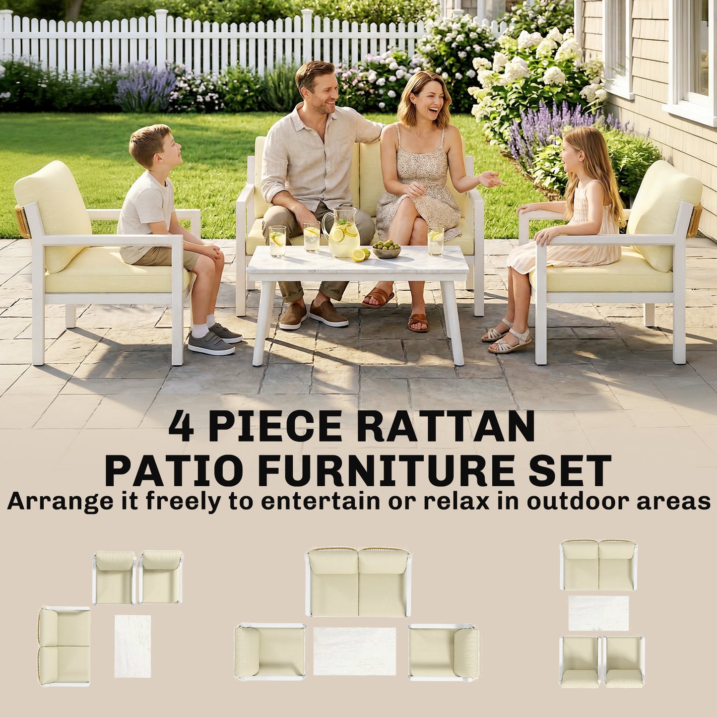 4 Seater Rattan Garden Furniture Set with 2 Armchairs, Loveseat, Coffee Table, Garden Sofa Set with Cushions, Beige