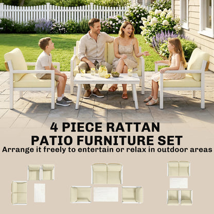 4 Seater Rattan Garden Furniture Set with 2 Armchairs, Loveseat, Coffee Table, Garden Sofa Set with Cushions, Beige