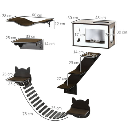 5 Piece Cat Wall Shelves, Wall-Mounted Cat Tree for Indoor Use - Brown
